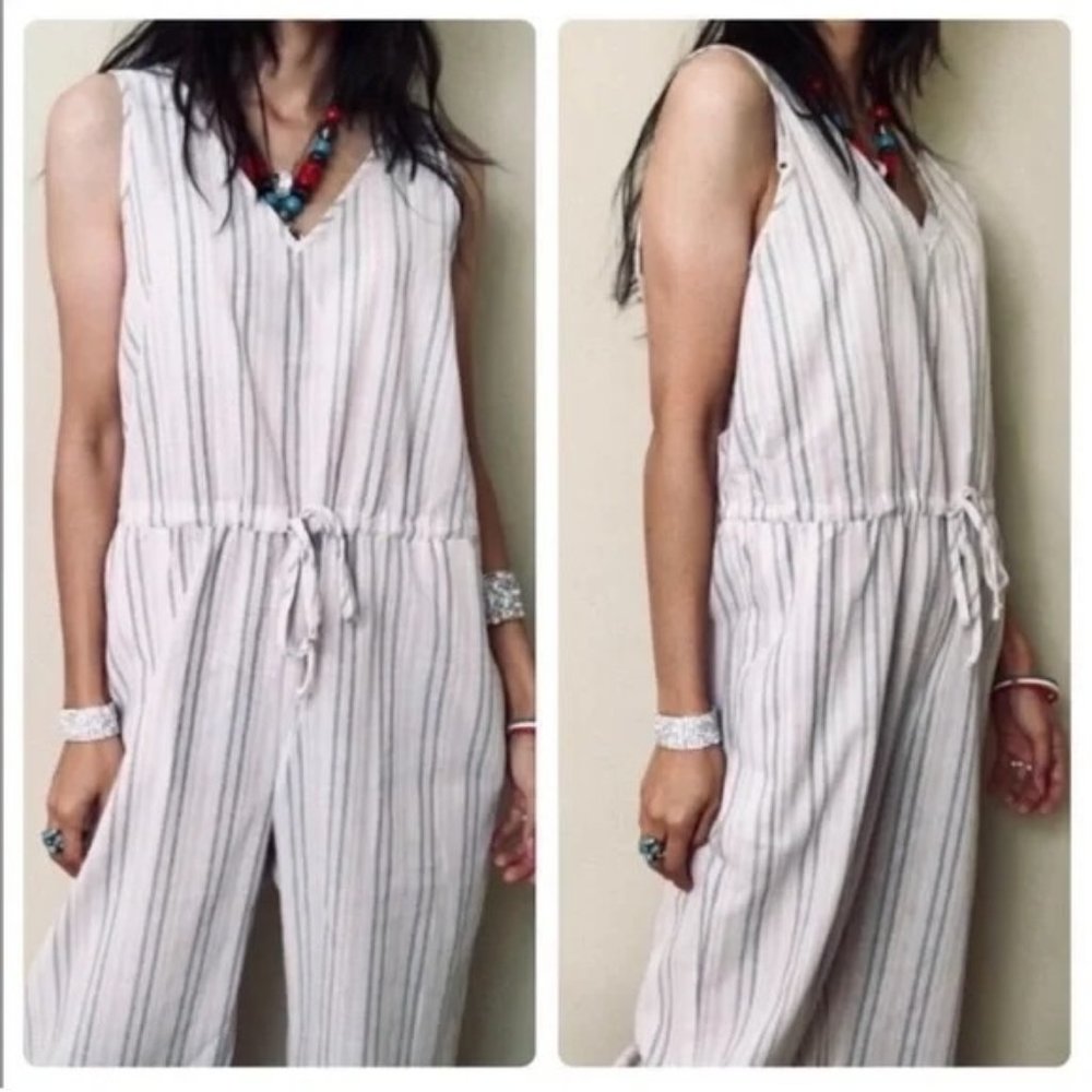 Drew linen striped jumpsuit minimal pink green cream xs
